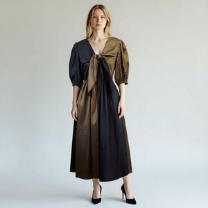 Crosby by Mollie Burch Colorblock Dress Tie Front Puff Sleeve Black Dress Small